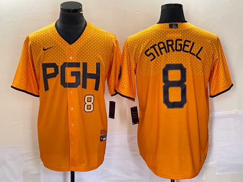 Mens Pittsburgh Pirates #8 Willie Stargell Number Gold 2023 City Connect Stitched Jersey 2->pittsburgh pirates->MLB Jersey